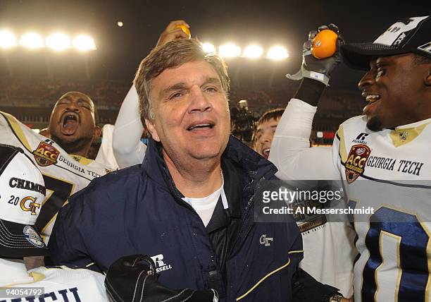 Coach Paul Johnson of the Georgia Tech Yellow Jackets celebrates a victory against the Clemson Tigers in the 2009 ACC Football Championship Game at...