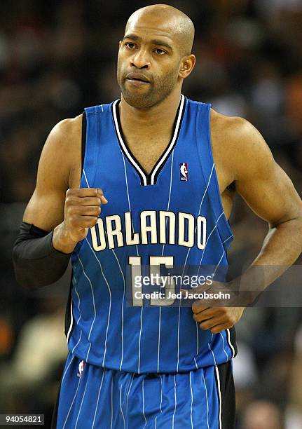Vince Carter of the Orlando Magic celebrates against the Golden State Warriors during an NBA game at Oracle Arena on December 5, 2009 in Oakland,...