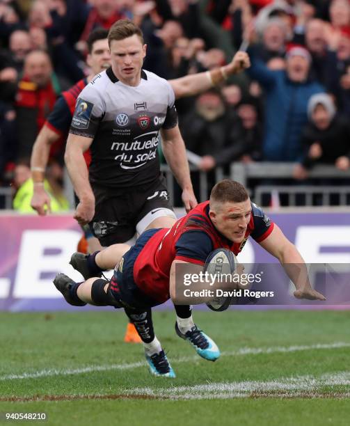 Andrew Conway of Munster dives for a late second half try during the European Rugby Champions Cup match between Munster Rugby and RC Toulon at...