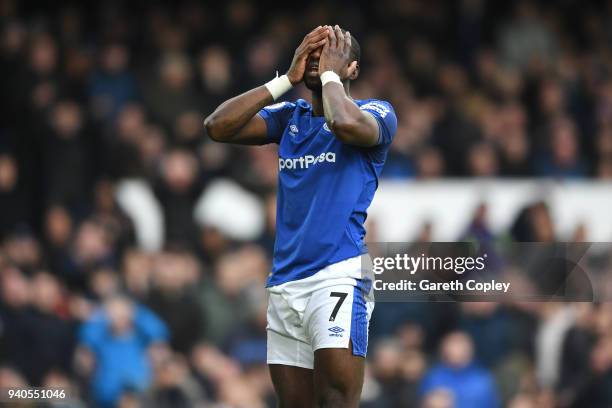 Yannick Bolasie of Everton reacts during the Premier League match between Everton and Manchester City at Goodison Park on March 31, 2018 in...