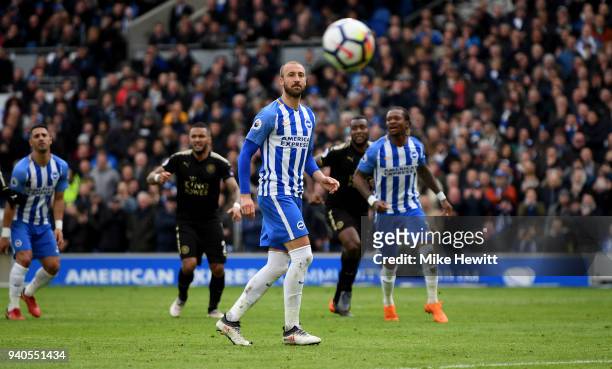 Glenn Murray of Brighton and Hove Albion looks on during the Premier League match between Brighton and Hove Albion and Leicester City at Amex Stadium...