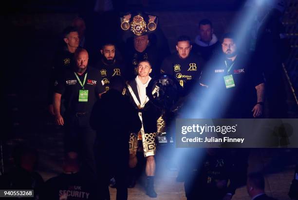 Ryan Burnett walks to the ring prior to his WBA Bantamweight Championship title fight against Yonfrez Parejo at Principality Stadium on March 31,...