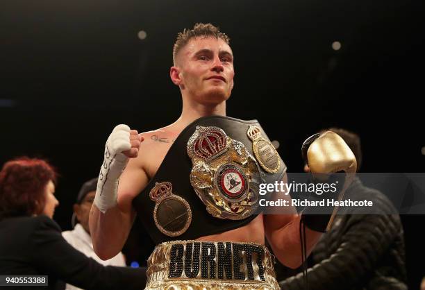 Ryan Burnett celebrates victory over Yonfrez Parejo after there WBA Bantamweight Championship title fight at Principality Stadium on March 31, 2018...