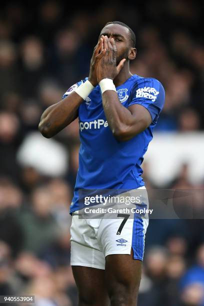 Yannick Bolasie of Everton reacts during the Premier League match between Everton and Manchester City at Goodison Park on March 31, 2018 in...