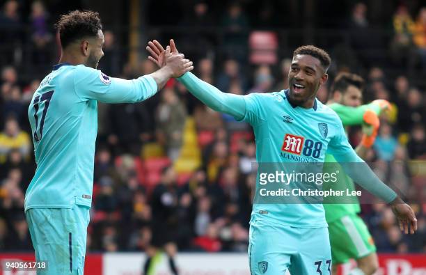 Joshua King of AFC Bournemouth celebrates with Jordon Ibe of AFC Bournemouth after scoring his sides first goal during the Premier League match...