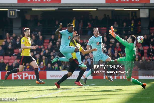 Jermain Defoe of AFC Bournemouth scores his sides second goal during the Premier League match between Watford and AFC Bournemouth at Vicarage Road on...