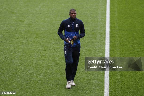 Abdoulaye Doucoure of Watford arrives prior to the Premier League match between Watford and AFC Bournemouth at Vicarage Road on March 31, 2018 in...