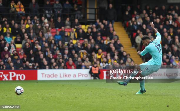 Joshua King of AFC Bournemouth scores his sides first goal during the Premier League match between Watford and AFC Bournemouth at Vicarage Road on...