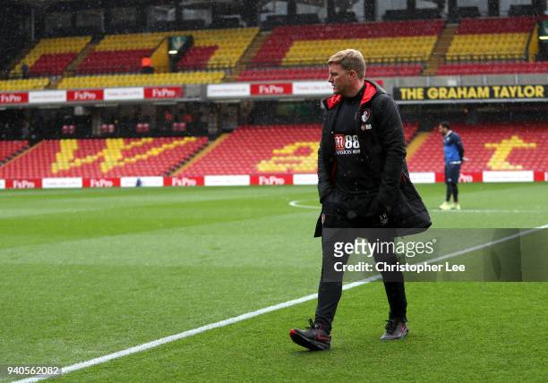Eddie Howe, Manager of AFC Bournemouth looks on prior to the Premier League match between Watford and AFC Bournemouth at Vicarage Road on March 31,...