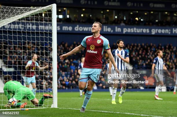Chris Wood of Burnley celebrates after scoring his sides second goal during the Premier League match between West Bromwich Albion and Burnley at The...