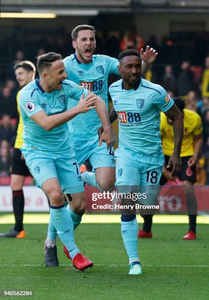 Jermain Defoe of AFC Bournemouth celebrates with teammates Marc Pugh and Dan Gosling after scoring his sides second goal during the Premier League...