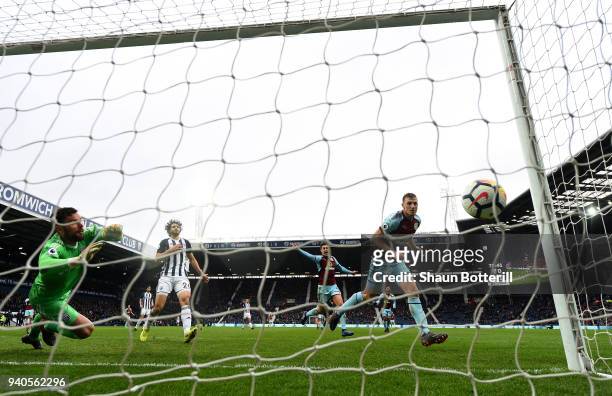 Chris Wood of Burnley scores his sides second goal during the Premier League match between West Bromwich Albion and Burnley at The Hawthorns on March...