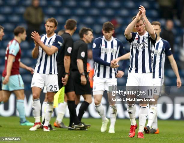 Chris Brunt of West Bromwich Albion applauds fans after the Premier League match between West Bromwich Albion and Burnley at The Hawthorns on March...