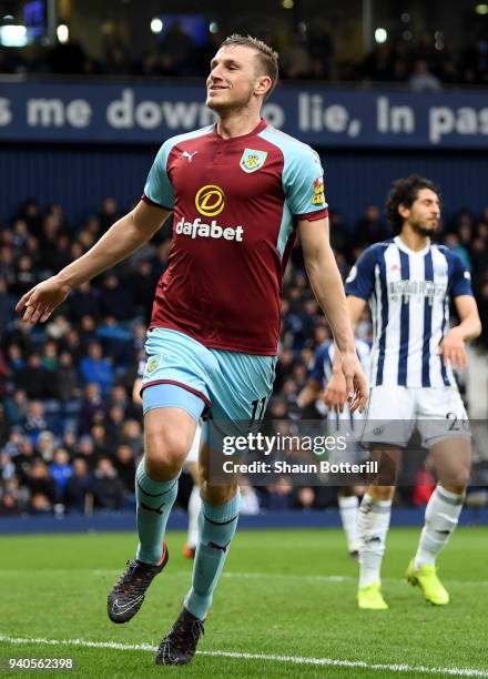 Chris Wood of Burnley celebrates after scoring his sides second goal during the Premier League match between West Bromwich Albion and Burnley at The...