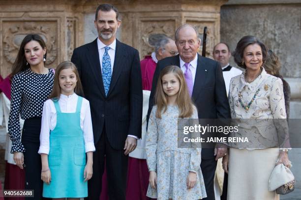 King Felipe VI of Spain , his wife Queen Letizia , their daughters Princess Sofia and Princess Leonor , former King Juan Carlos I and his wife former...