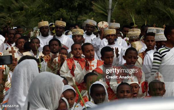 Ethiopian Orthodox Christians gather to attend the Hosanna Day celebrations ahead of the Easter, at the Bole Medehanialem Church in Addis Ababa,...