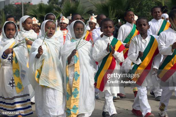 Ethiopian Orthodox Christians gather to attend the Hosanna Day celebrations ahead of the Easter, at the Bole Medehanialem Church in Addis Ababa,...