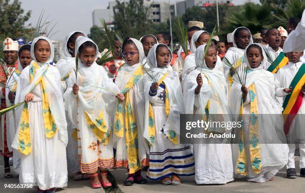 Ethiopian Orthodox Christians gather to attend the Hosanna Day celebrations ahead of the Easter, at the Bole Medehanialem Church in Addis Ababa,...