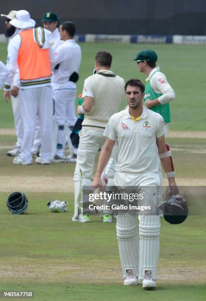 Pat Cummins of Australia out for 50 runs during day 3 of the 4th Sunfoil Test match between South Africa and Australia at Bidvest Wanderers Stadium...