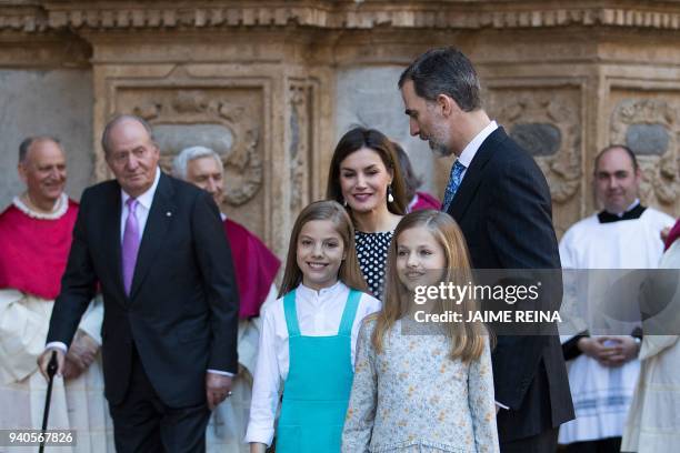 King Felipe VI of Spain , his wife Queen Letizia and their daughters Princess Sofia and Princess Leonor arrive with former King Juan Carlos I to...