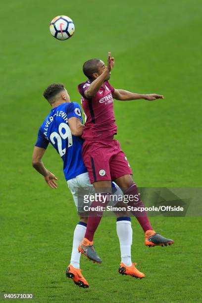 Fernandinho of Man City battles with Dominic Calvert-Lewin of Everton during the Premier League match between Everton and Manchester City at Goodison...