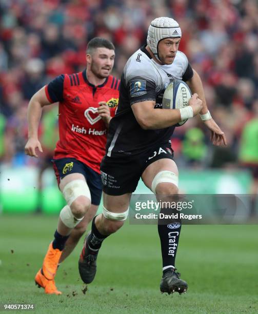 Dave Attwood of Toulon charges upfield during the European Rugby Champions Cup match between Munster Rugby and RC Toulon at Thomond Park on March 31,...