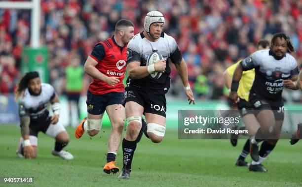 Dave Attwood of Toulon charges upfield during the European Rugby Champions Cup match between Munster Rugby and RC Toulon at Thomond Park on March 31,...