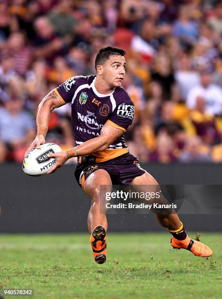 Kodi Nikorima of the Broncos passes the ball during the round four NRL match between the Brisbane Broncos and the Gold Coast Titans at Suncorp...