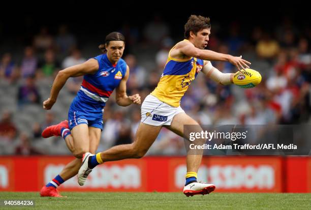 Andrew Gaff of the Eagles in action ahead of Lukas Webb of the Bulldogs during the 2018 AFL round 02 match between the Western Bulldogs and the West...