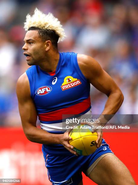 Jason Johannisen of the Bulldogs in action during the 2018 AFL round 02 match between the Western Bulldogs and the West Coast Eagles at Etihad...