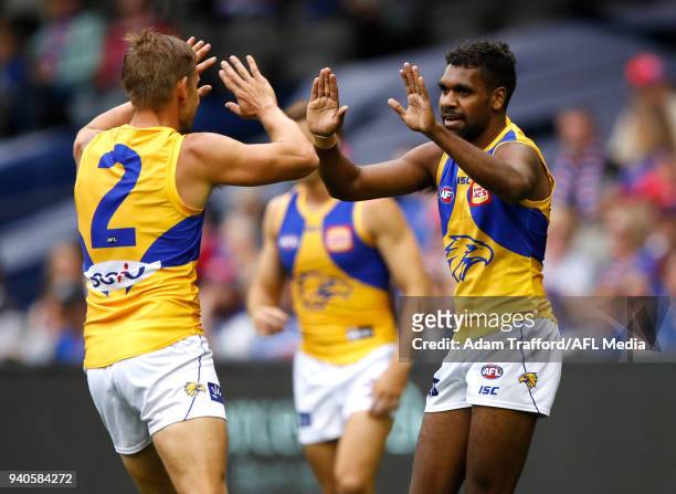 Liam Ryan of the Eagles celebrates a goal with Mark LeCras of the Eagles during the 2018 AFL round 02 match between the Western Bulldogs and the West...