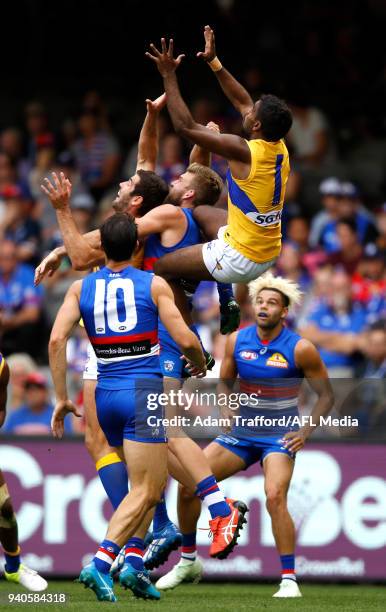 Liam Ryan of the Eagles takes a spectacular mark during the 2018 AFL round 02 match between the Western Bulldogs and the West Coast Eagles at Etihad...