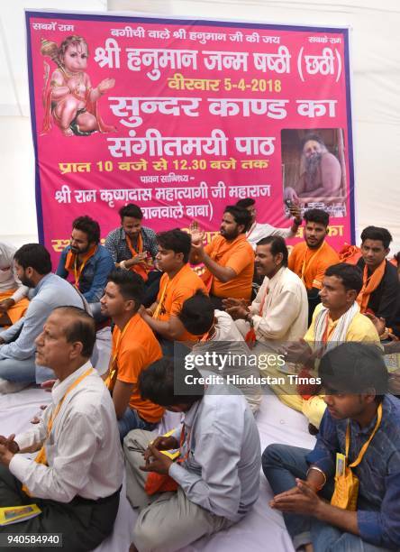 People visit temple to offer prayers on the occasion of Hanuman Jayanti at the Hanuman Vatika Temple, Ramlila Maidan, on March 31, 2018 in New Delhi,...