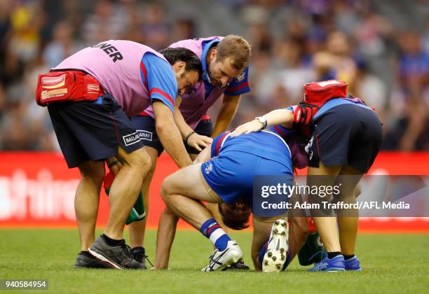 Jordan Roughead of the Bulldogs is seen injured after a knock during the 2018 AFL round 02 match between the Western Bulldogs and the West Coast...
