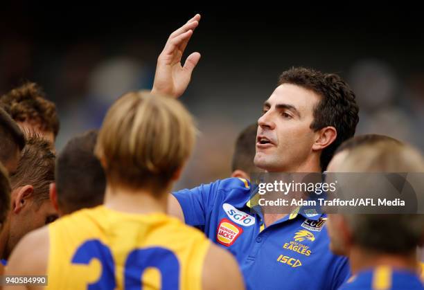 Jaymie Graham, Stand in Senior Coach of the Eagles addresses his players during the 2018 AFL round 02 match between the Western Bulldogs and the West...