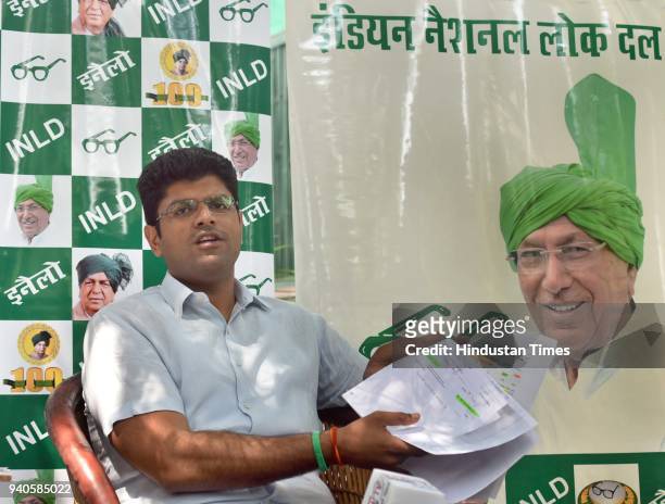 Dushyant Chautala, MP and leader Indian National Lok Dal addresses the media persons on the issue of medical irregularity in the Haryana State, at...