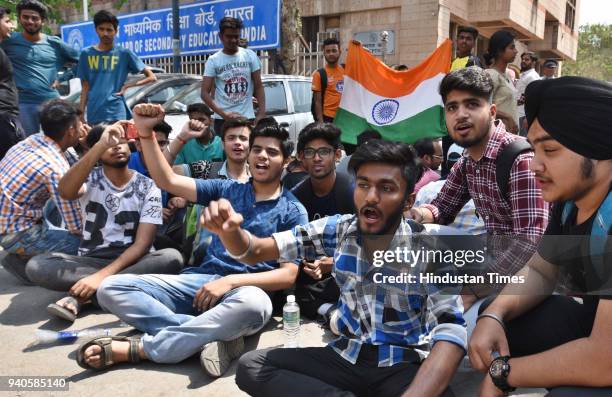 Class X & XII students protest against CBSE Board, outside Central Board of Secondary Education office at Preet Vihar, against the leak of Class 10...