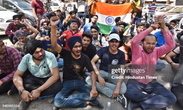 Class X & XII students protest against CBSE Board, outside Central Board of Secondary Education office at Preet Vihar, against the leak of Class 10...