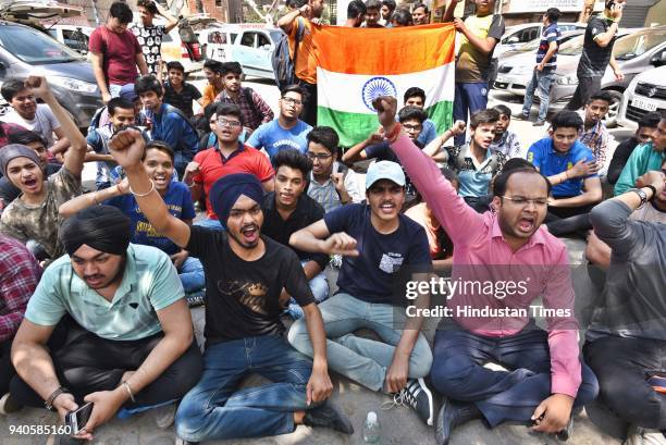 Class X & XII students protest against CBSE Board, outside Central Board of Secondary Education office at Preet Vihar, against the leak of Class 10...