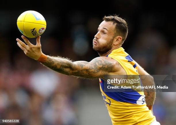 OMELBOURNE, AUSTRALIA Chris Masten of the Eagles in action during the 2018 AFL round 02 match between the Western Bulldogs and the West Coast Eagles...