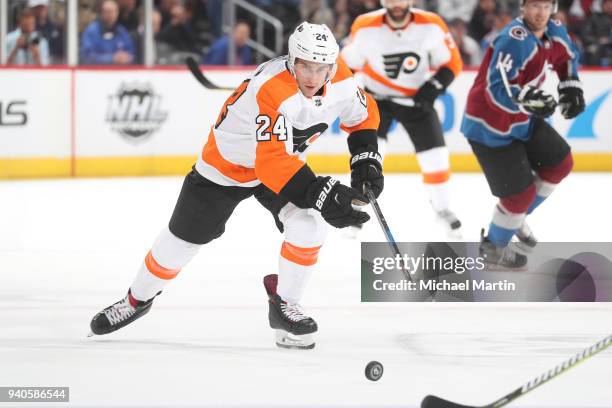 Matt Read of the Philadelphia Flyers chases down the puck against the Colorado Avalanche at the Pepsi Center on March 28, 2018 in Denver, Colorado....