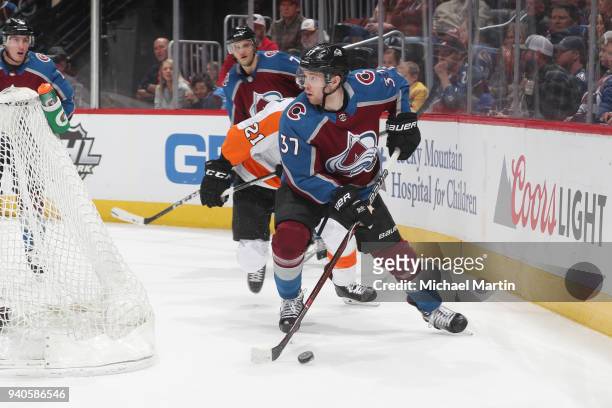 Compher of the Colorado Avalanche skates against the Philadelphia Flyers at the Pepsi Center on March 28, 2018 in Denver, Colorado.