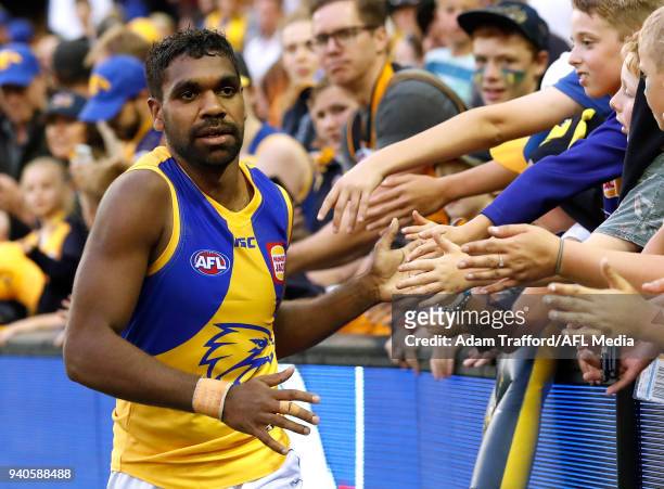 Liam Ryan of the Eagles thanks fans during the 2018 AFL round 02 match between the Western Bulldogs and the West Coast Eagles at Etihad Stadium on...