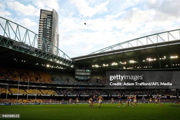 General view during the 2018 AFL round 02 match between the Western Bulldogs and the West Coast Eagles at Etihad Stadium on April 1, 2018 in...