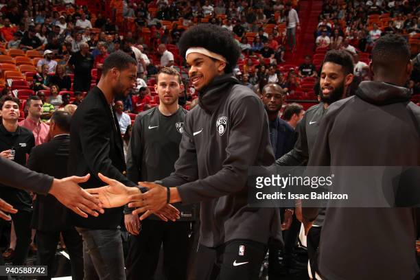 Allen Crabbe of the Brooklyn Nets is introduced before the game against the Miami Heat on March 31st, 2018 at American Airlines Arena in Miami,...