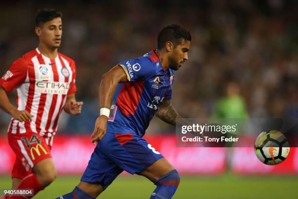 Ronald Vargas of the Jets controls the ball during the round 25 A-League match between the Newcastle Jets and Melbourne City at McDonald Jones...