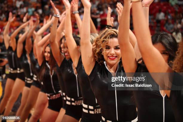 Miami Heat dancers perform during the game against the Brooklyn Nets on March 31st, 2018 at American Airlines Arena in Miami, Florida. NOTE TO USER:...