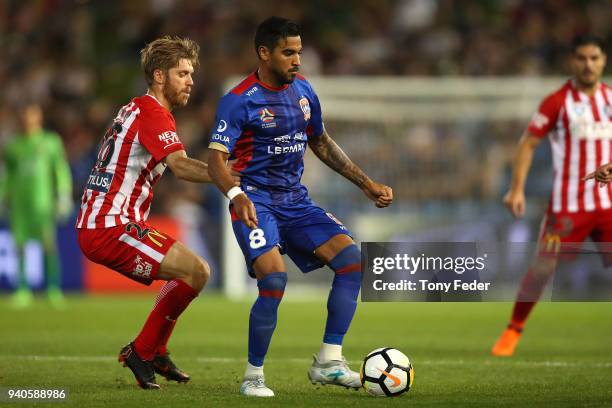 Ronald Vargas of the Jets controls the ball during the round 25 A-League match between the Newcastle Jets and Melbourne City at McDonald Jones...