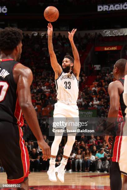 Allen Crabbe of the Brooklyn Nets shoots the ball against the Miami Heat on March 31st, 2018 at American Airlines Arena in Miami, Florida. NOTE TO...