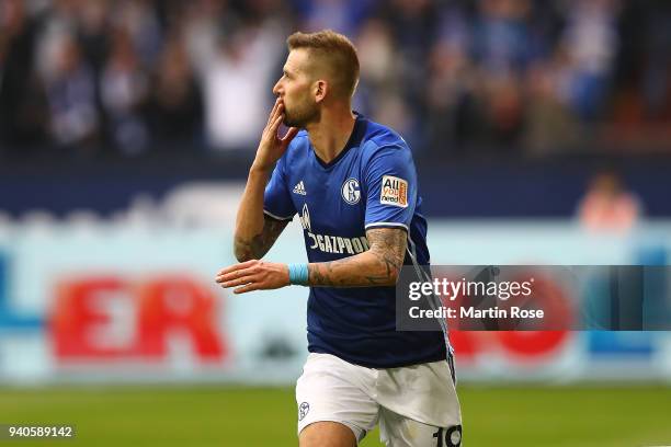 Guido Burgstaller of Schalke celebrates after he scored a goal to make it 2:0 during the Bundesliga match between FC Schalke 04 and Sport-Club...